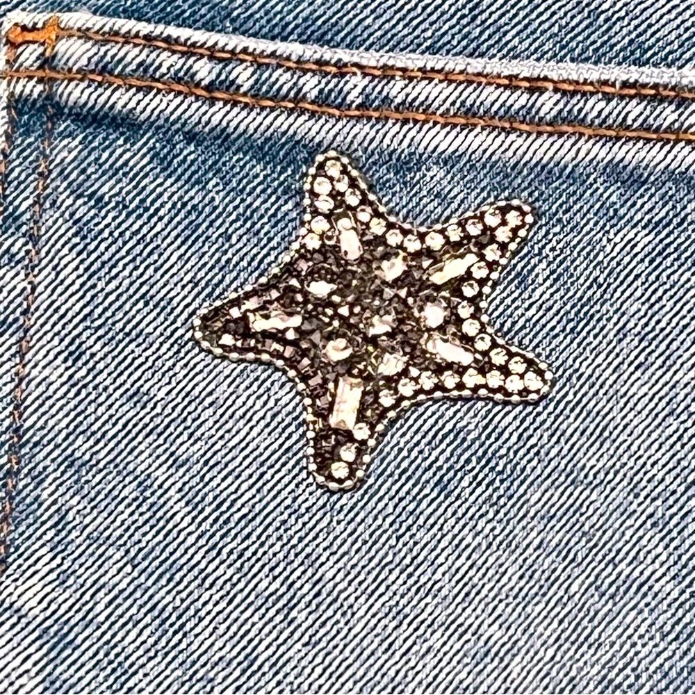 NWT Maje Pagody Crystal Embellished Straight Leg Stretch Denim Button Fly Jeans - Picture 8 of 16